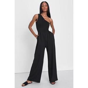NWT Lulus Black Smocked Knit One-shoulder Jumpsuit
